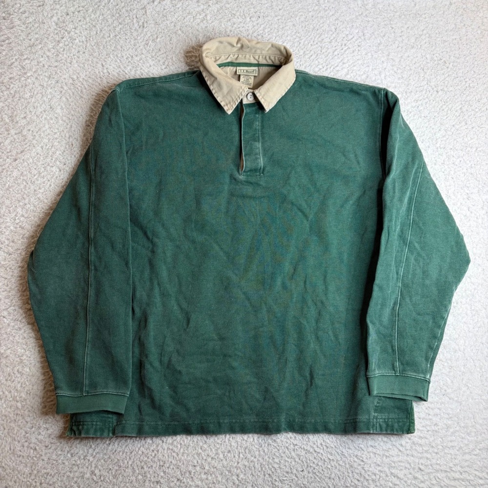 LL Bean Y2K Mens Large Rugby Shirt Green Tan Collar Pique Cotton 0AFK7